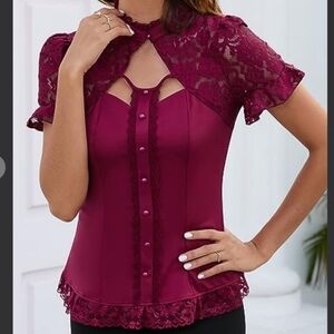 KOJOOIN Victorian Blouse Lace Short Sleeve Shirt Steampunk Stand Collar SZ S BRG